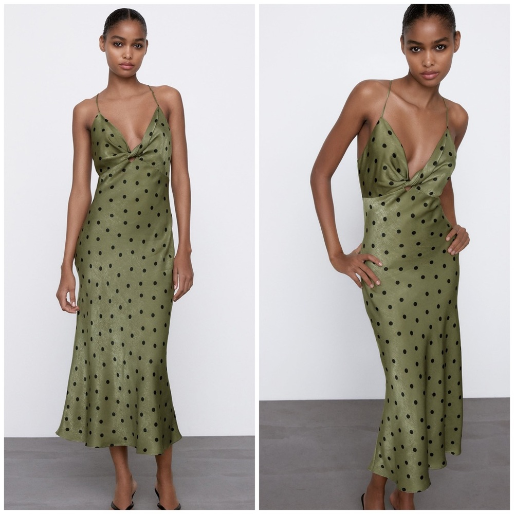 Zara Olive Green Polka Dot Midi Dress